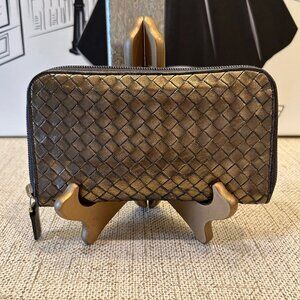 Bottega Veneta Nappa Intrecciato Zip Around Wallet in Metallic Bronze